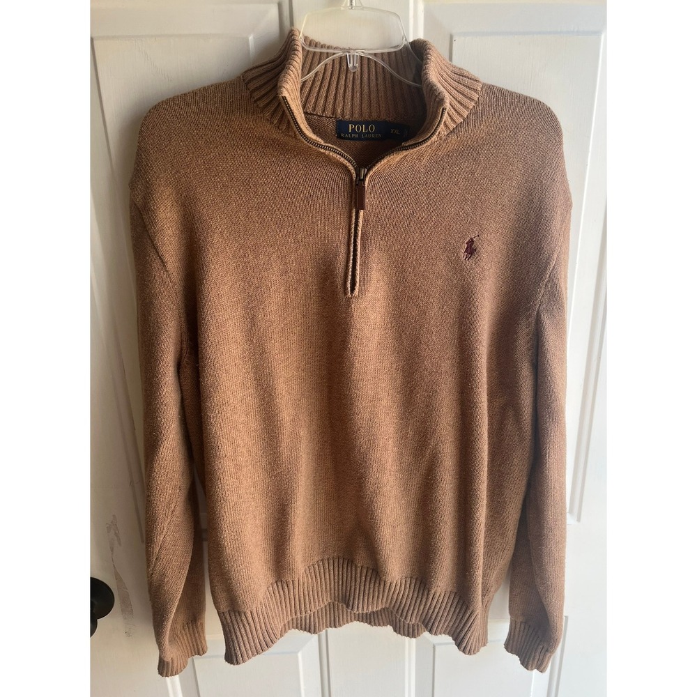Vintage Polo Ralph Lauren Men's XXL Tan 1/4 Zip Pullover Cotton Knit Sweater